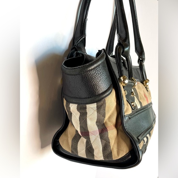 Burberry Manor Satchel Nova Check Black Leather Trim Tote Bag Authentic - Picture 4 of 16